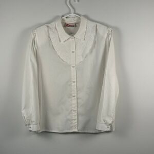 Perspective Classic Classique Vintage White Lace Bib Pearl Button Blouse Medium